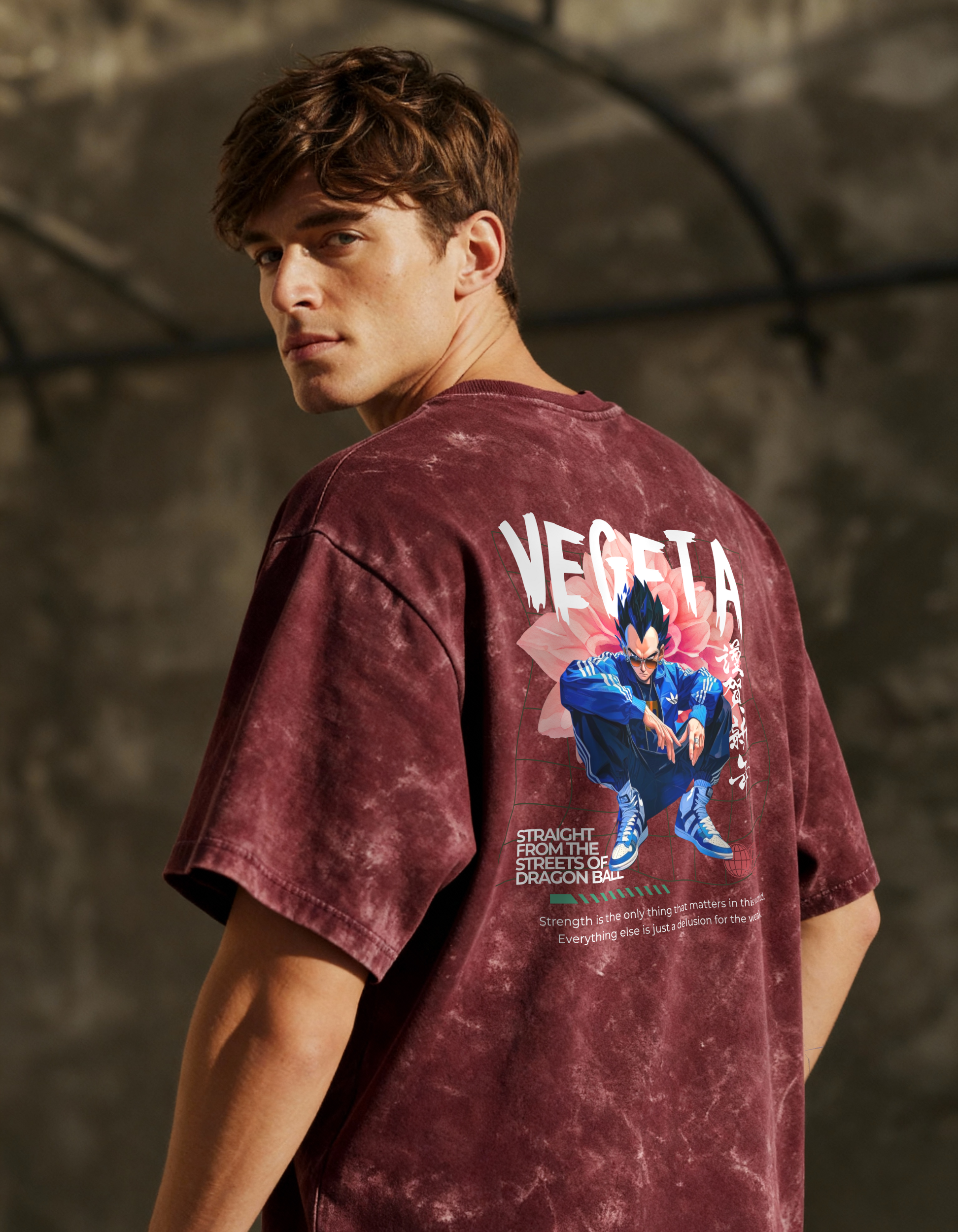 VEGETA:STRAIGHT FROM THE STREETS- MENS ACID WASHED OVERSIZED T-SHIRT