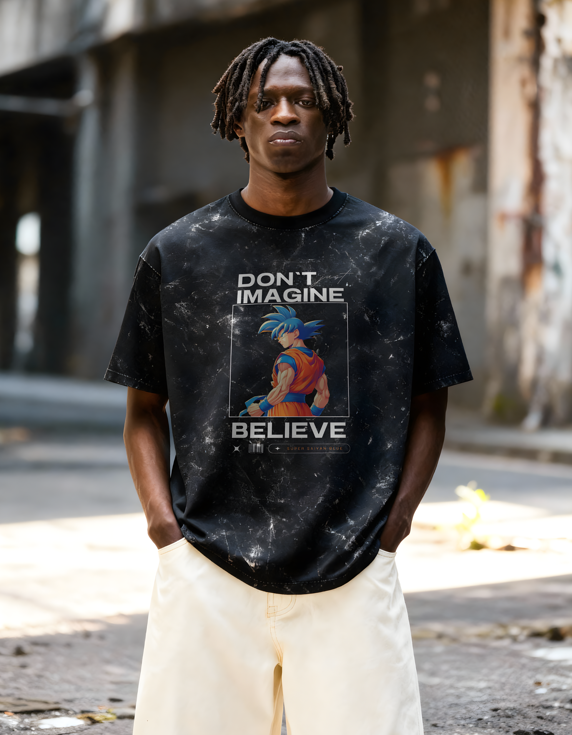 GOKU:SUPER SAIYAN BLUE:BELIEVE- MENS ACID WASHED OVERSIZED T-SHIRT