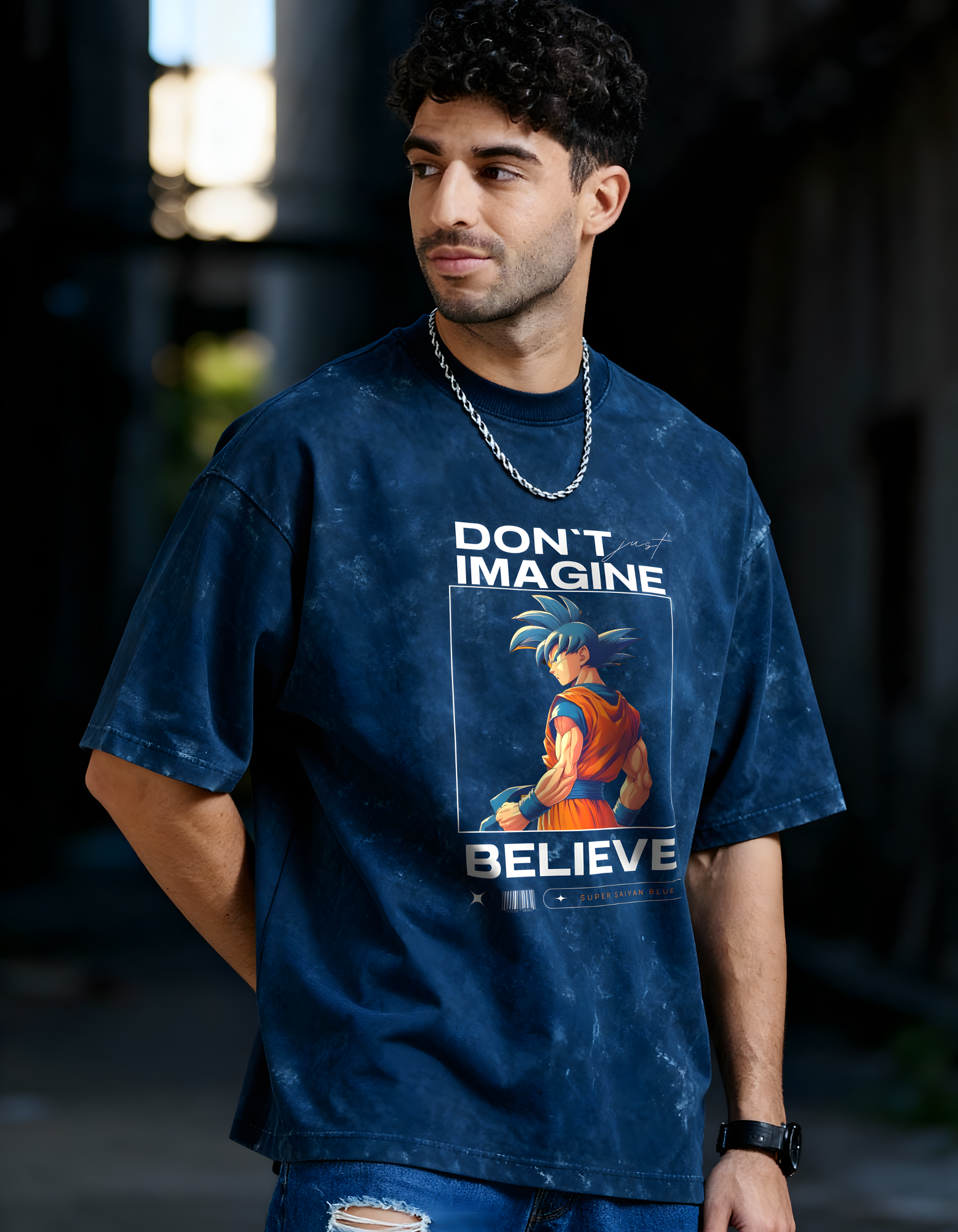 GOKU:SUPER SAIYAN BLUE:BELIEVE- MENS ACID WASHED OVERSIZED T-SHIRT