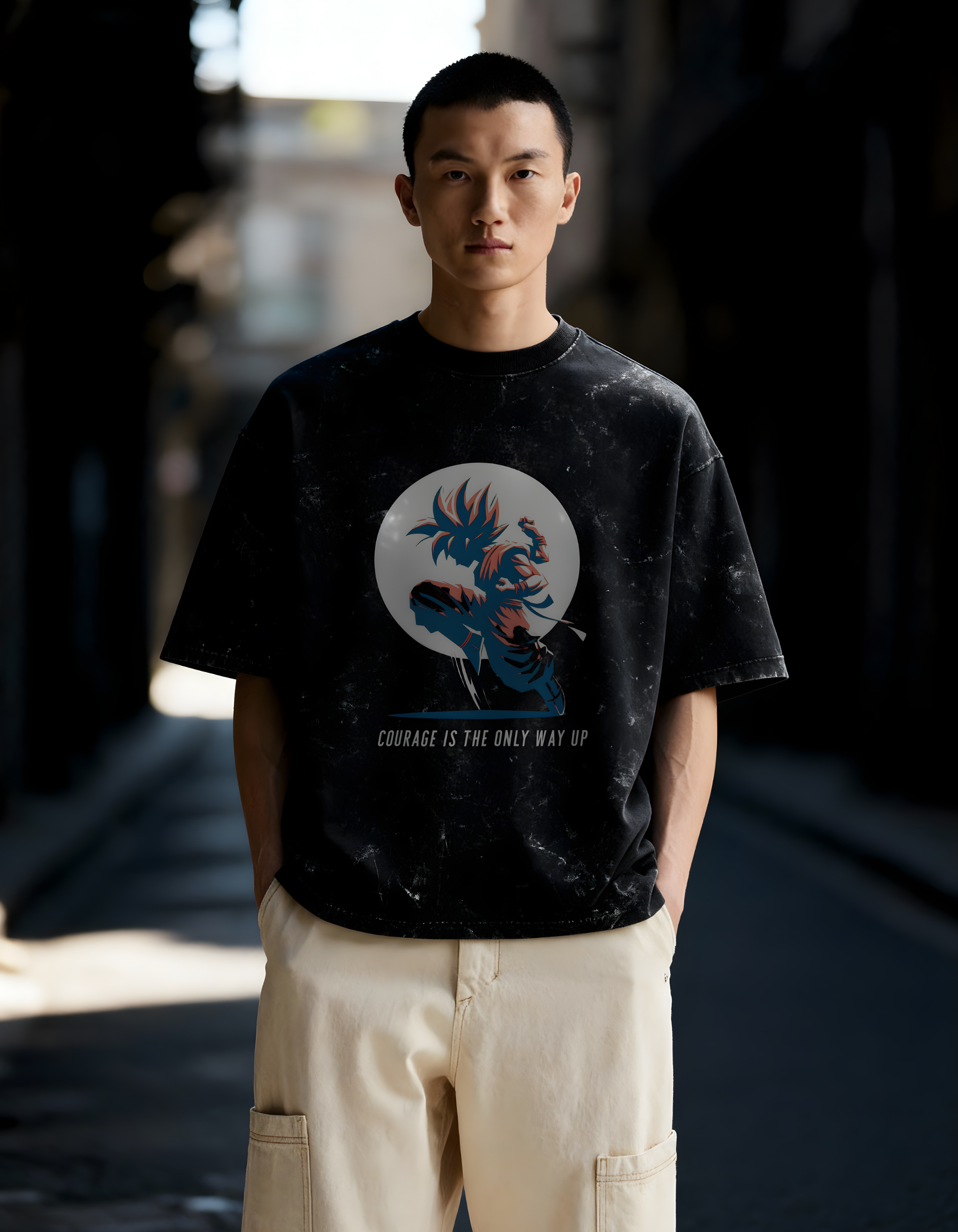 DRAGON BALL COURAGE- MENS ACID WASHED OVERSIZED T-SHIRT