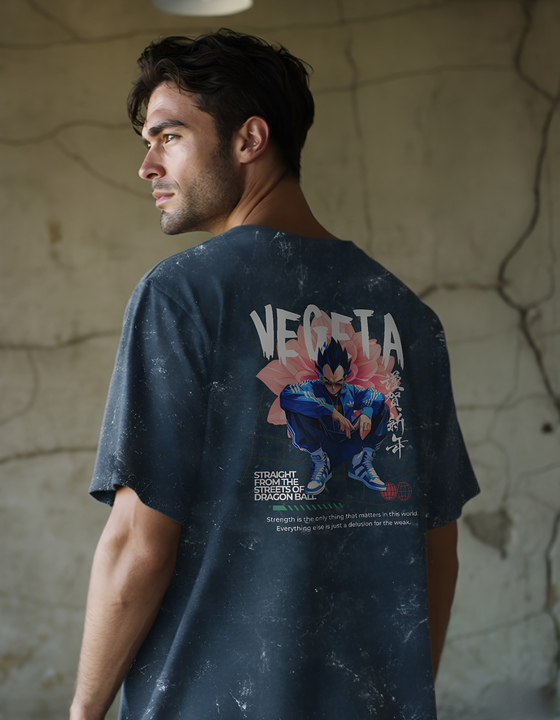 VEGETA:STRAIGHT FROM THE STREETS- MENS ACID WASHED OVERSIZED T-SHIRT