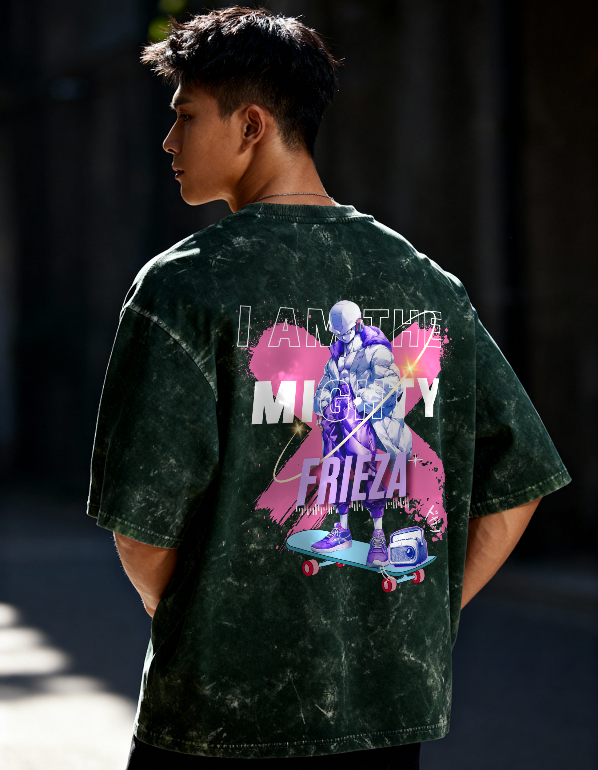 MIGHTY FRIEZA- MENS ACID WASHED OVERSIZED T-SHIRT
