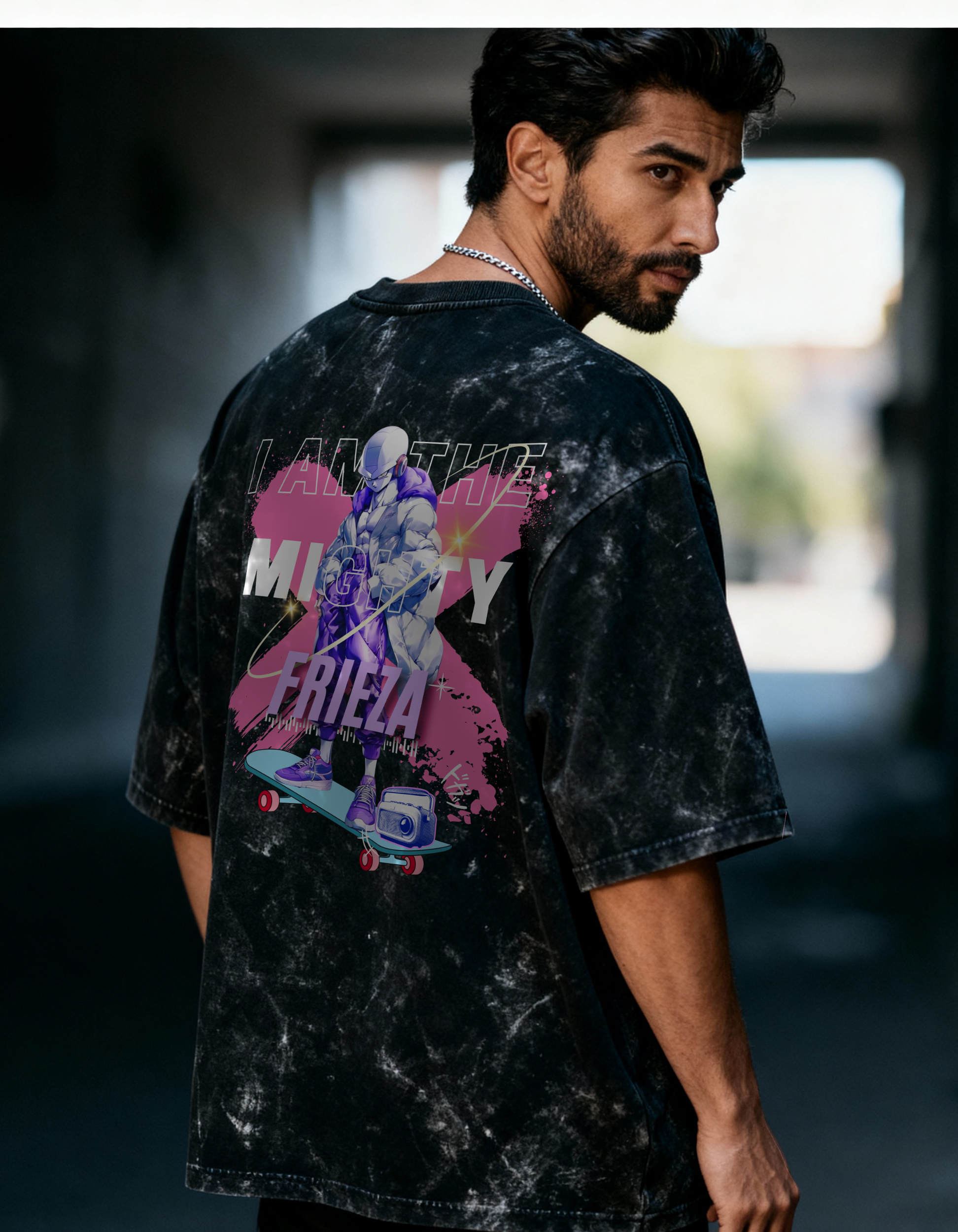 MIGHTY FRIEZA- MENS ACID WASHED OVERSIZED T-SHIRT