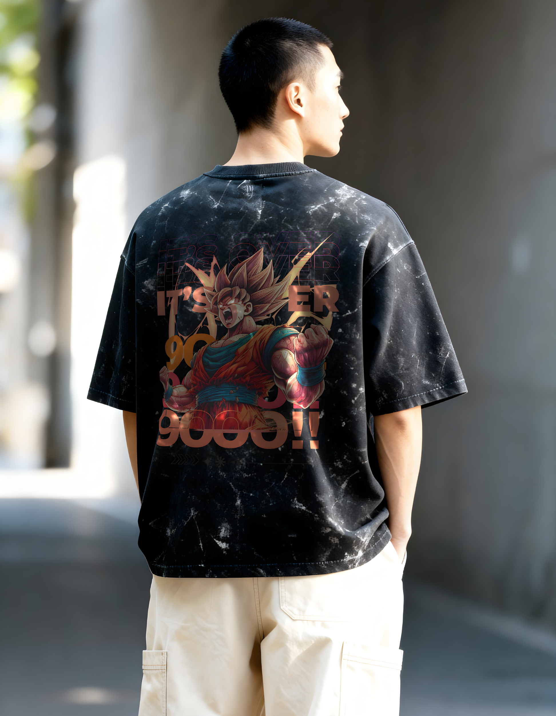 SUPER SAIYAN GOKU:IT’S OVER 9000- MENS ACID WASHED OVERSIZED T-SHIRT