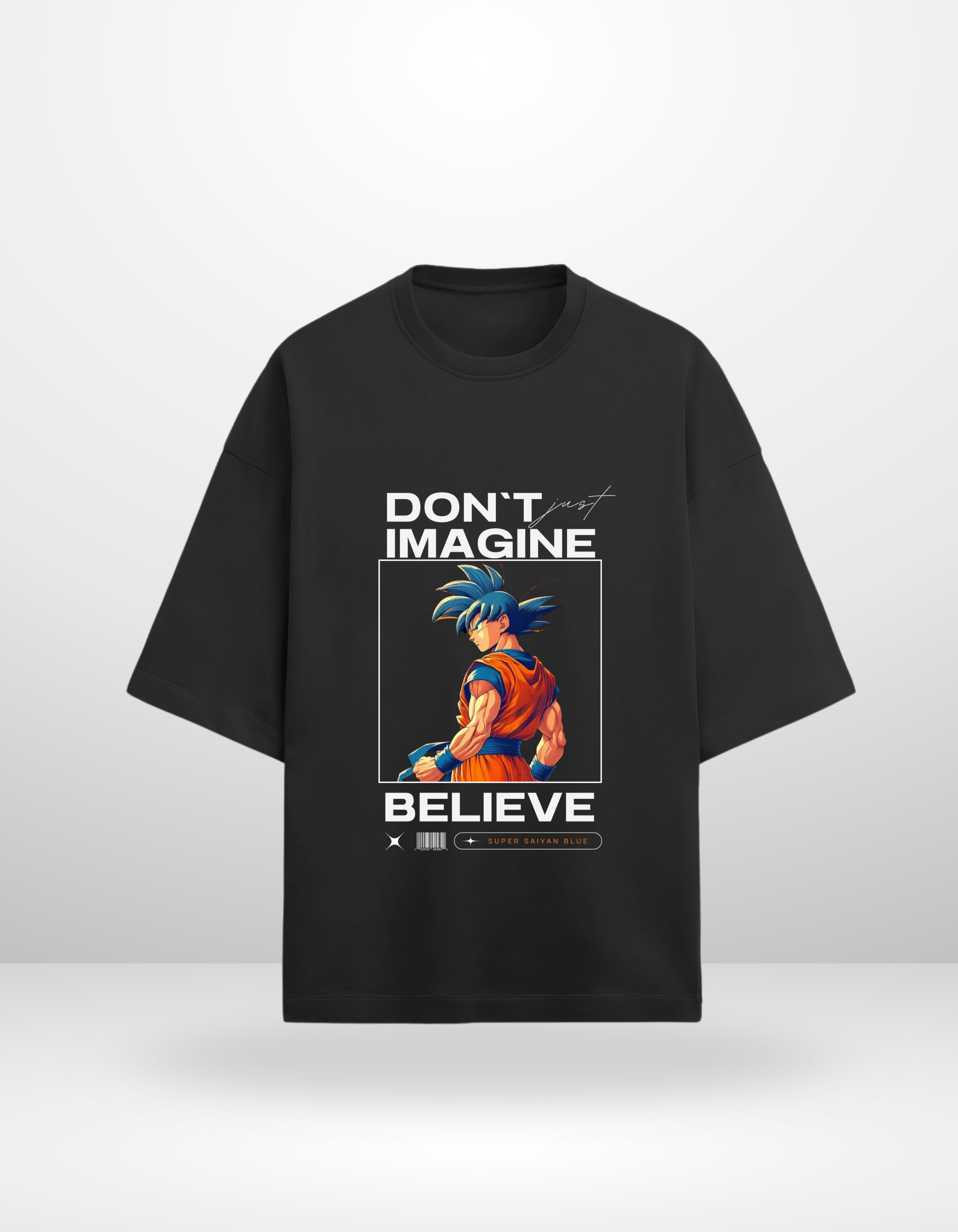 GOKU:SUPER SAIYAN BLUE:BELIEVE-MENS TERRY OVERSIZED T-SHIRT