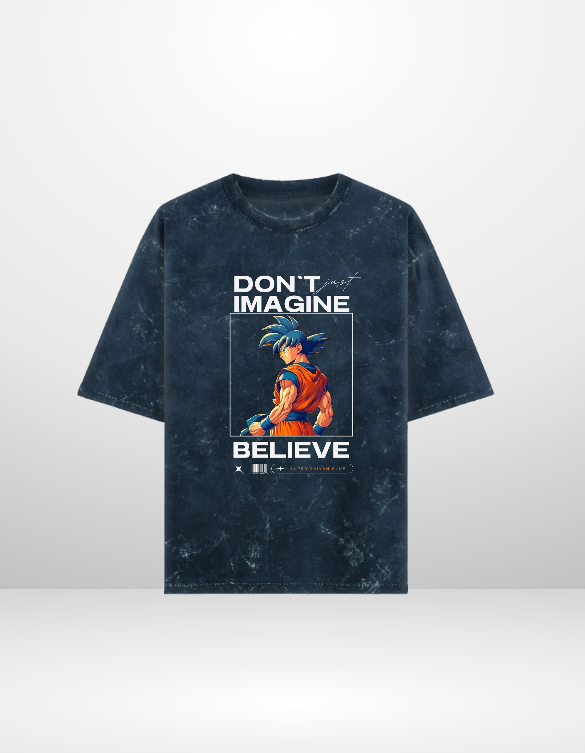 GOKU:SUPER SAIYAN BLUE:BELIEVE- MENS ACID WASHED OVERSIZED T-SHIRT